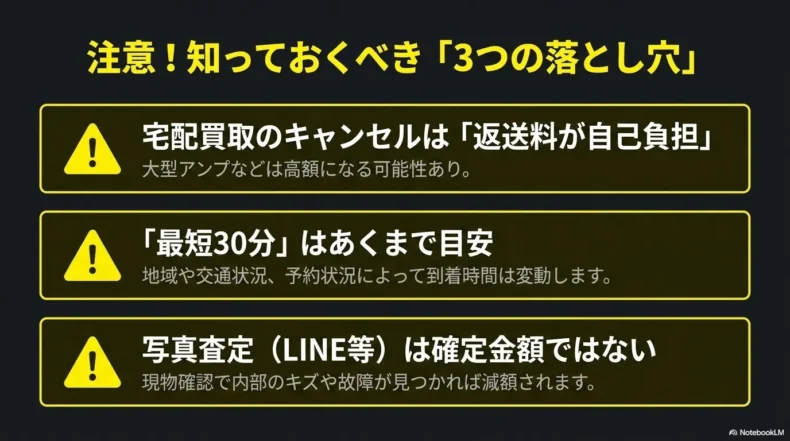 宅配買取の返送料、最短30分訪問、写真査定の金額に関する注意点