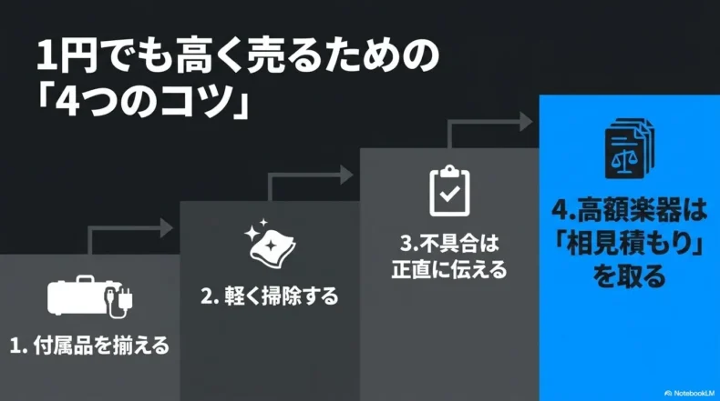 付属品、掃除、不具合の申告、相見積もりという楽器を高く売る4つのポイント