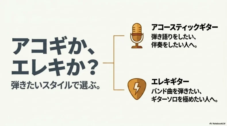 弾き語りや伴奏にはアコースティックギター、バンド曲やギターソロにはエレキギターを選ぶ図