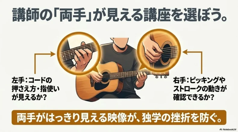 左手のコードの押さえ方と右手のピッキングやストロークが見やすいギター動画講座