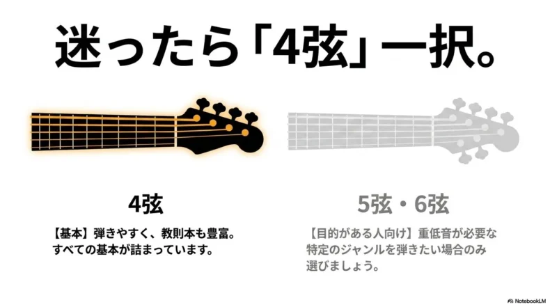 初心者は基本の4弦を選び、5弦や6弦は低音域など明確な目的がある場合に選ぶと説明