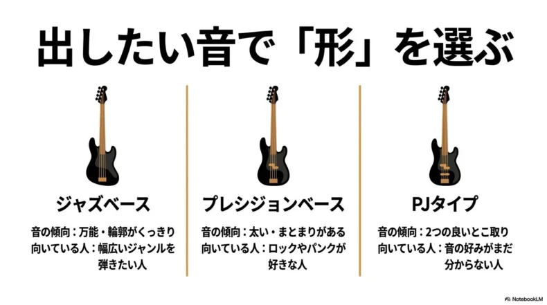 ジャズベースは幅広い音、プレシジョンベースは太い音、PJタイプは両方の特徴を持つことを比較