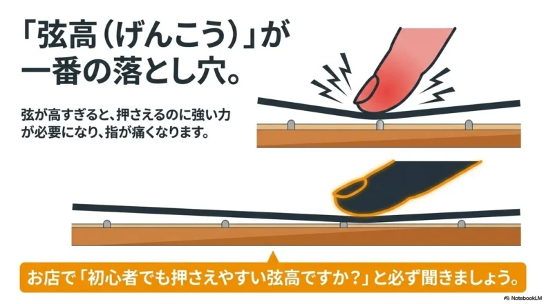 弦高が高すぎると強い力が必要になり指が痛くなるため、初心者向けの調整を確認すると説明