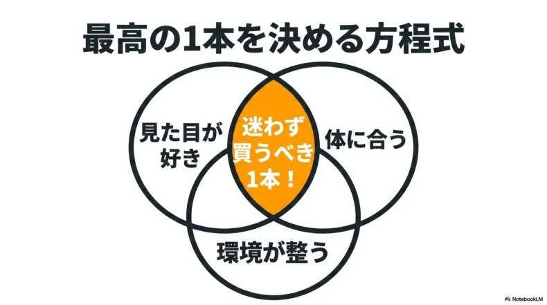 見た目が好き、体に合う、練習環境が整うという3条件が重なるベースを選ぶ図