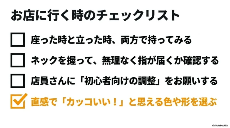 座った状態と立った状態、ネック、初心者向け調整、色や形を店頭で確認するチェックリスト