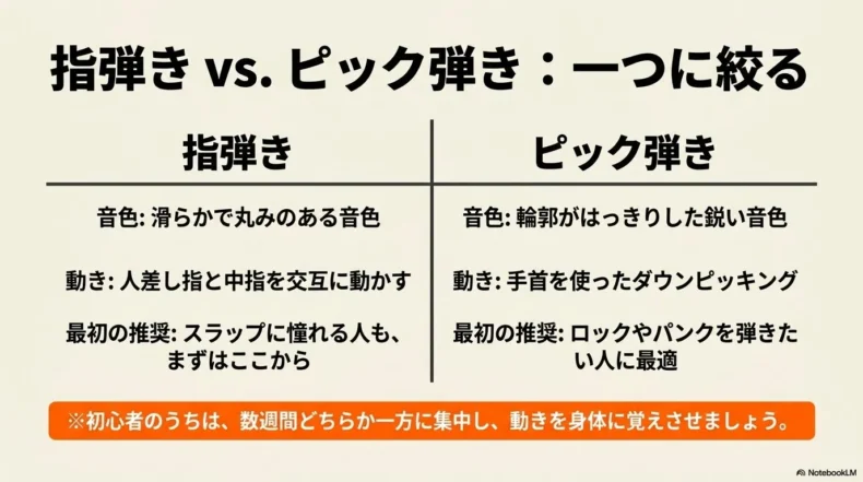 指弾きとピック弾きについて、音色、手の動き、初心者に向く選び方を左右に並べて比較