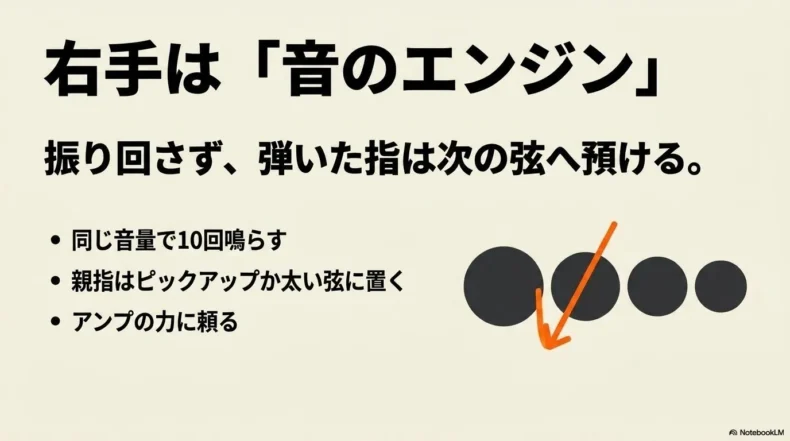 同じ音量で繰り返し、親指をピックアップか太い弦へ置き、弾いた指を隣の弦へ預ける動き