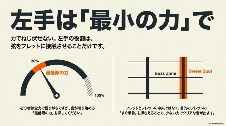 左手は強く握らず、フレット直前の適切な位置を力加減約30%から探して押さえる方法