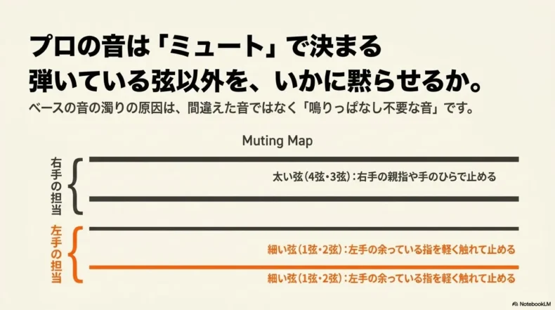 太い弦は右手の親指や手のひら、細い弦は左手の余った指で軽く触れて止める位置関係