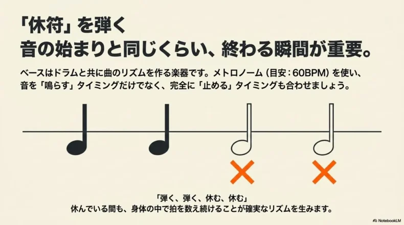 メトロノームに合わせ、音を鳴らす位置だけでなく完全に止める休符のタイミングもそろえる練習
