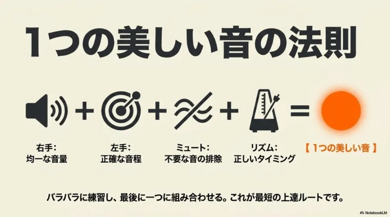 右手の均一な音量、左手の正確な音程、不要な音の排除、正しいタイミングを組み合わせる法則