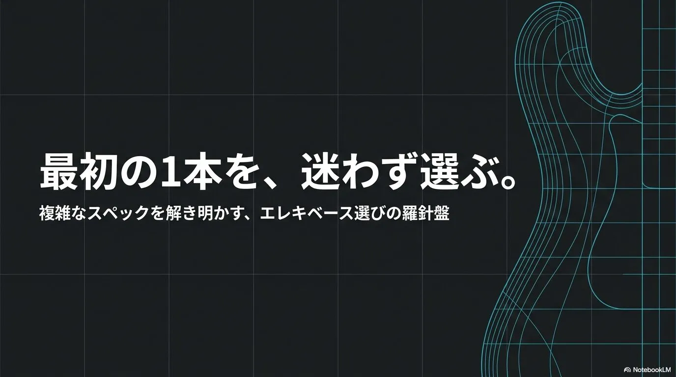 エレキベースの設計図を背景に、複雑なスペックを整理して最初の1本を選ぶための羅針盤