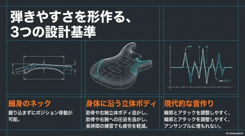 細身のネック、身体に沿う立体ボディ、現代的な音作りという弾きやすさの3つの設計基準