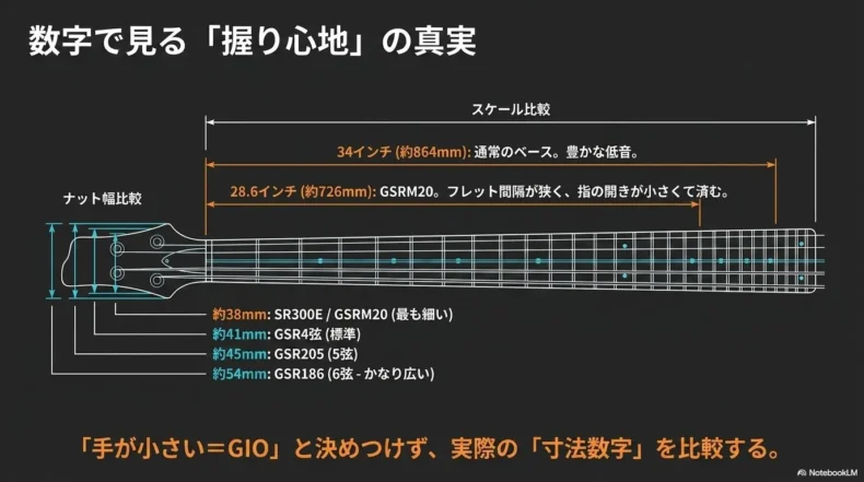 34インチと28.6インチのスケール、4弦から6弦までのナット幅を比較した図