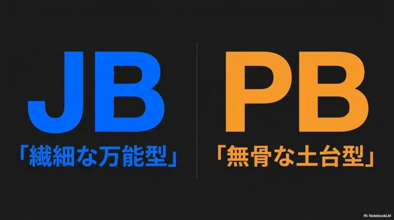 青のJBは繊細な万能型、オレンジのPBは無骨な土台型と対比している