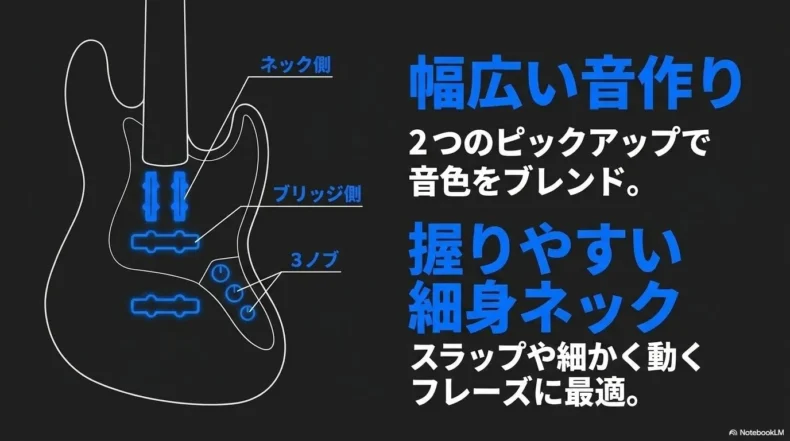 ジャズベースの2つのピックアップ、ネック側とブリッジ側、3ノブの位置を示している