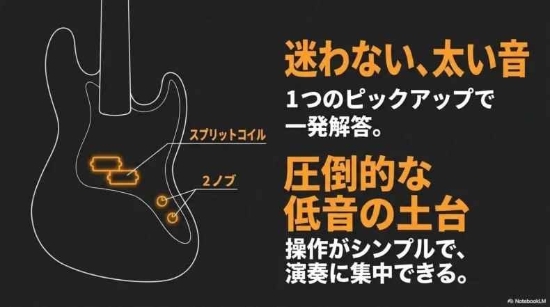 プレシジョンベースのスプリットコイルと2ノブを示し、太い音と簡単な操作を説明している