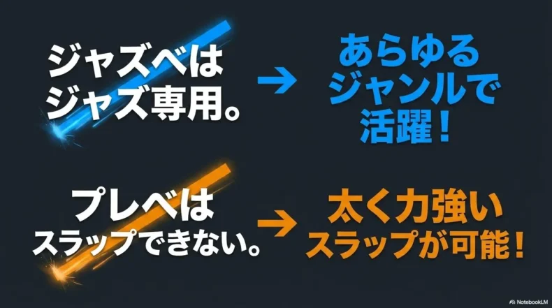 ジャズベは幅広いジャンルで活躍し、プレベも太く力強いスラップが可能と示している