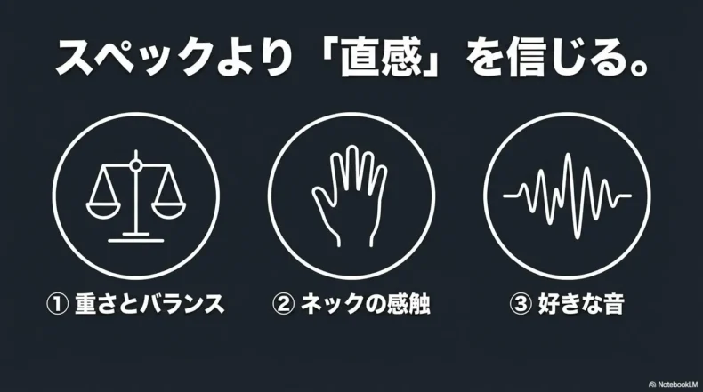 重さとバランス、ネックの感触、好きな音の3点を直感で確認するよう示している