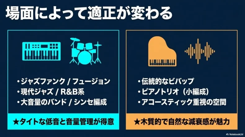 ジャズファンクや大音量編成はエレキ、伝統的ビバップや小編成はコントラバスが向く比較