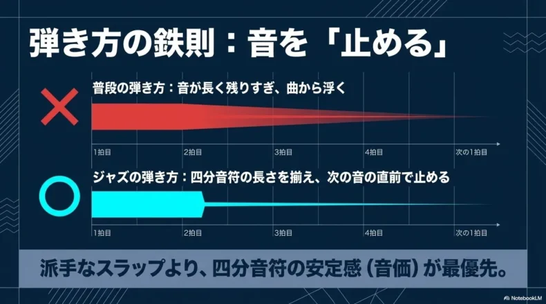 音を長く残す普段の弾き方と、四分音符をそろえて次の音の直前で止めるジャズ奏法の比較