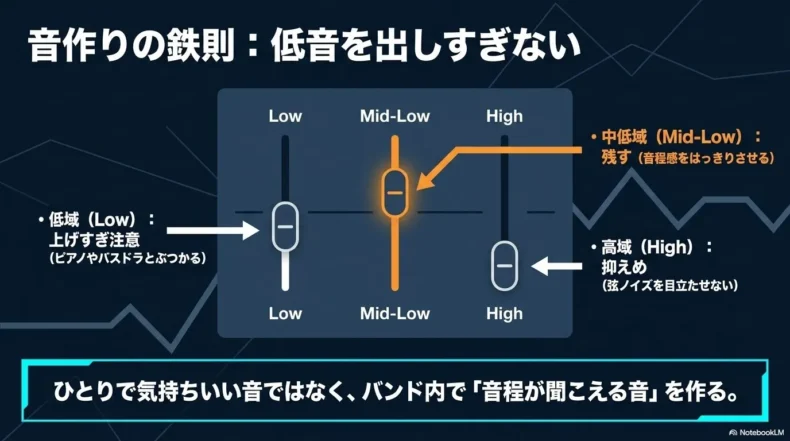 低域は上げすぎず、中低域を残し、高域を抑えて音程が聞こえる音を作るEQ設定