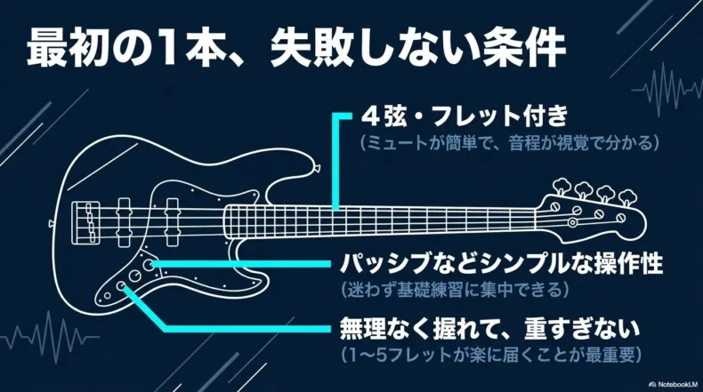初心者向けの4弦フレット付きベースと、シンプルな操作性・握りやすさ・適度な重量の条件