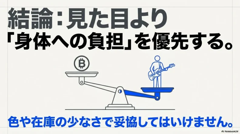 見た目や在庫より身体への負担を優先し、色や在庫の少なさで妥協しないという結論