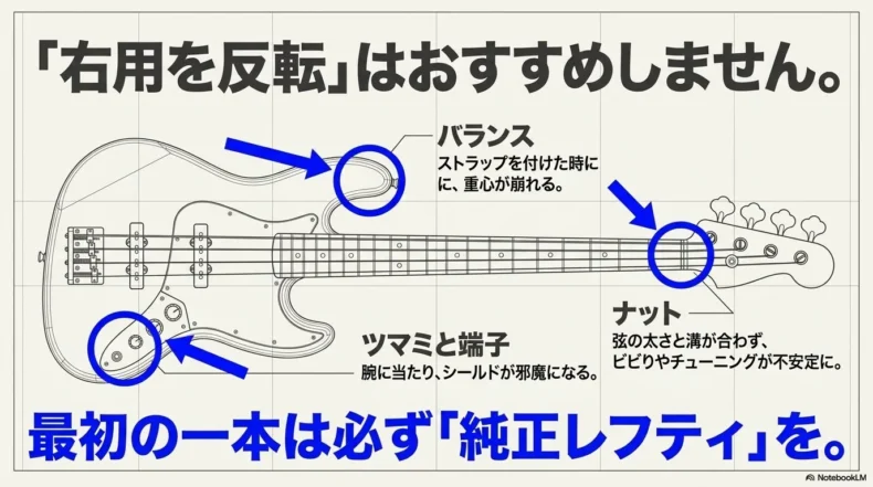 右用ベースの反転使用で生じるバランス、ナット、つまみと端子の問題点