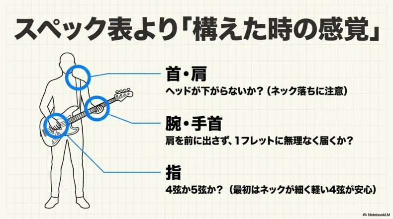 ベースを構えた際の首・肩、腕・手首、指への負担を確認する三つのポイント