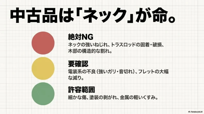 中古ベースで絶対避ける不具合、要確認箇所、許容できる傷を三段階で整理