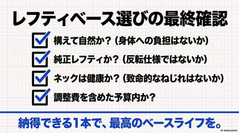 レフティベース購入前に構え方、純正仕様、ネック状態、調整費を確認する一覧