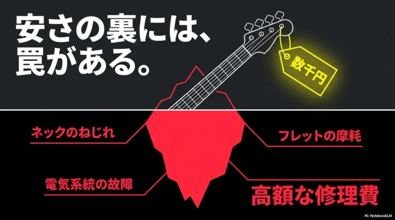 安い中古ベースの裏にネックのねじれ、フレット摩耗、電気系統の故障、高額な修理費が隠れることを示す図