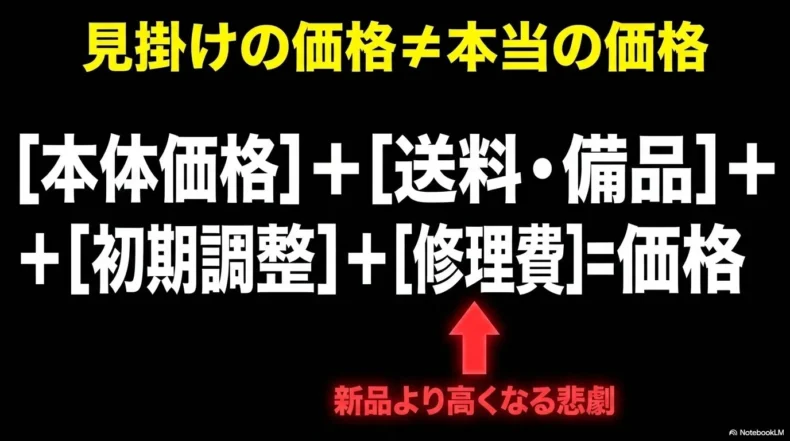 中古ベースの本当の価格は本体価格に送料、備品、初期調整費、修理費を加えて計算することを示す図