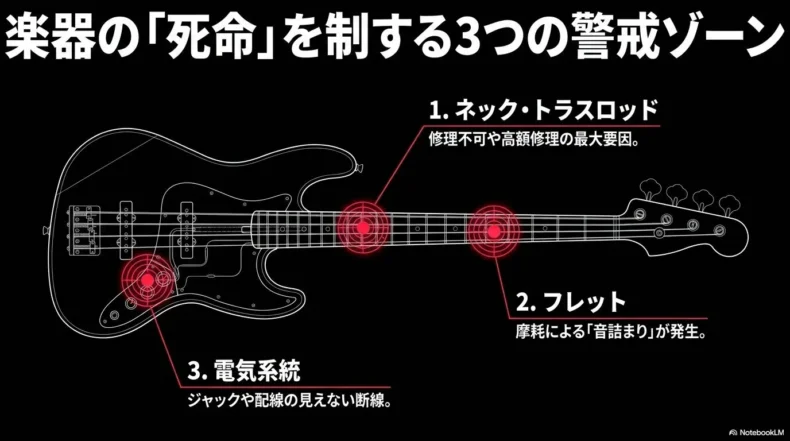 中古ベースのネックとトラスロッド、フレット、電気系統を重点的に確認する位置を示した図
