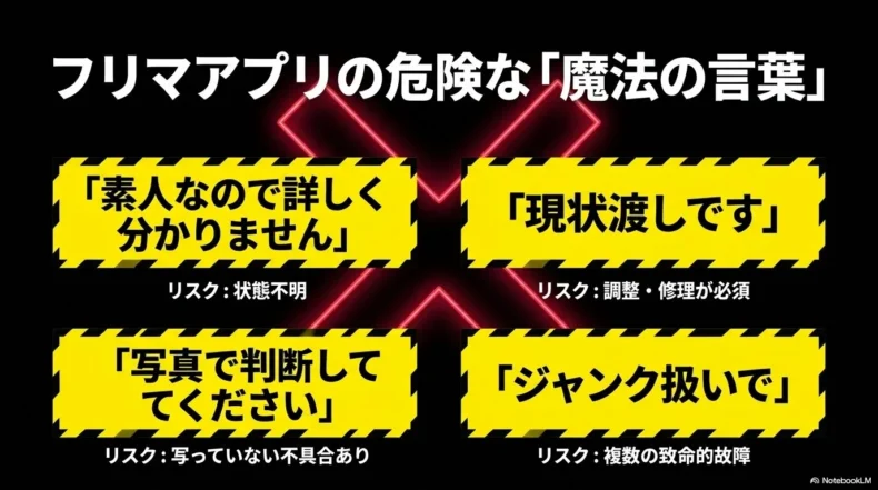 素人なので分からない、現状渡し、写真で判断、ジャンク扱いと書かれた中古ベースのリスクを示す図