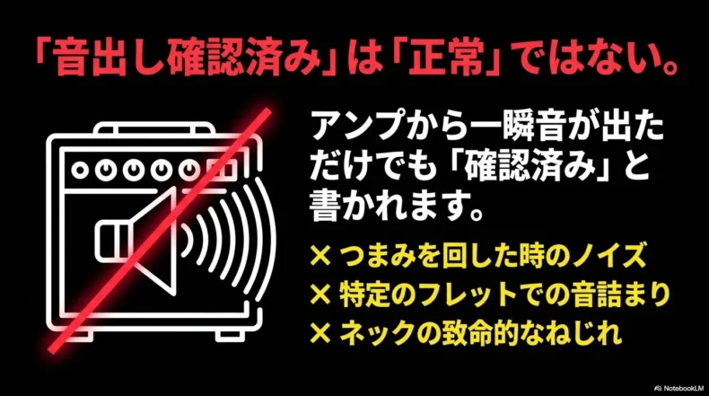 アンプから音が出てもノブのノイズ、特定フレットの音詰まり、ネックのねじれは確認できないことを示す図
