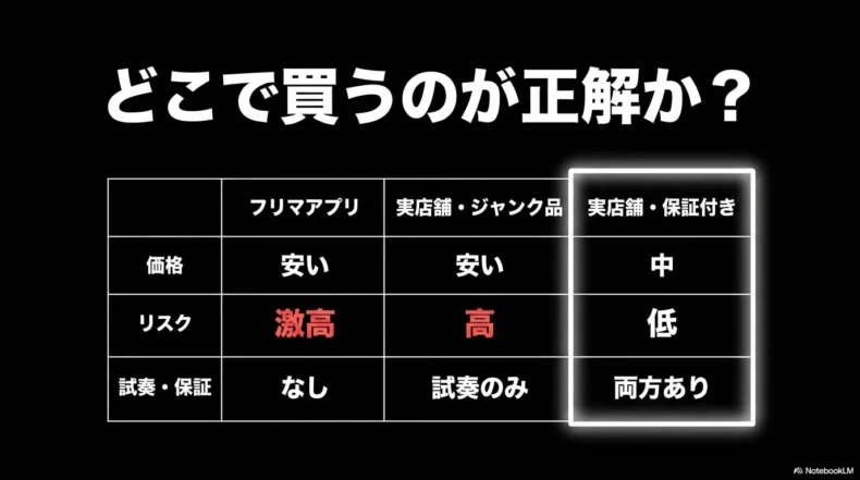 フリマアプリ、実店舗のジャンク品、保証付き実店舗を価格、リスク、試奏と保証の有無で比較した表