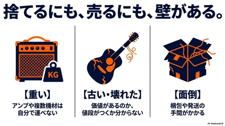 重い楽器を運べない、古い・壊れた楽器の価値が分からない、梱包や発送が面倒という3つの悩み