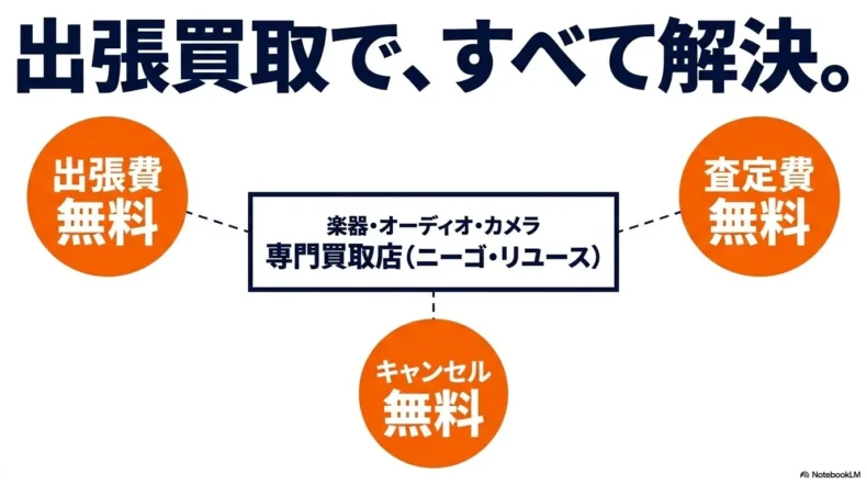 ニーゴ・リユースの出張買取は出張費、査定費、キャンセル料が無料であることを示す図