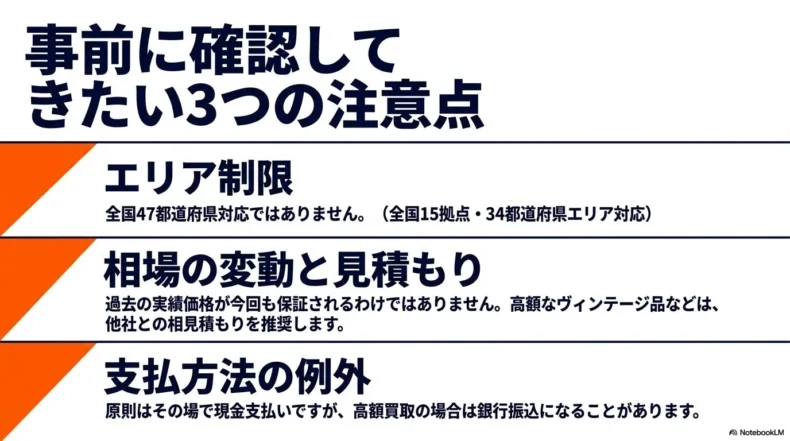 出張対応エリア、買取相場と見積もり、現金または銀行振込になる支払方法についての注意点