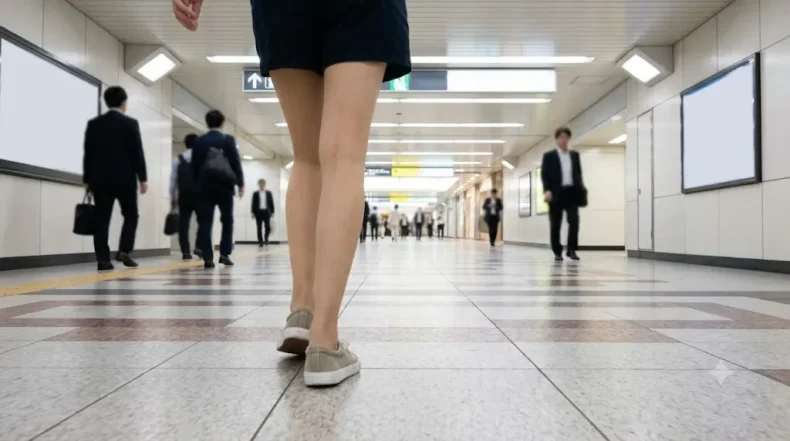 大阪の地下通路を歩く人と通勤者の様子から、駅から教室までの移動負担を表している