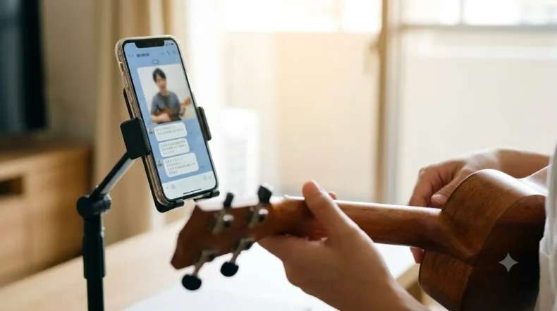 スマートフォンをスタンドに固定し、講師の画面を見ながら自宅でウクレレを弾く様子