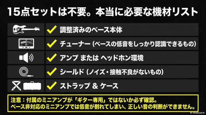 初心者に必要な調整済みベース、チューナー、アンプ、シールド、ストラップ、ケース