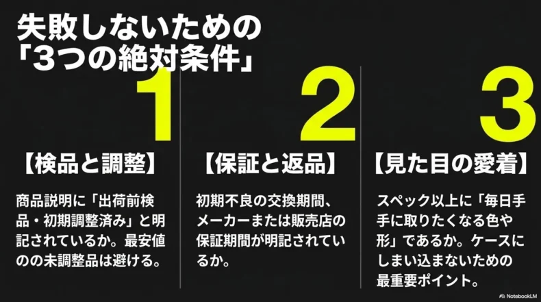 初心者が失敗しないための検品と調整、保証と返品、見た目への愛着という三条件