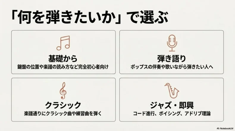 基礎、弾き語り、クラシック、ジャズや即興から目的に合うピアノ講座を選ぶ方法