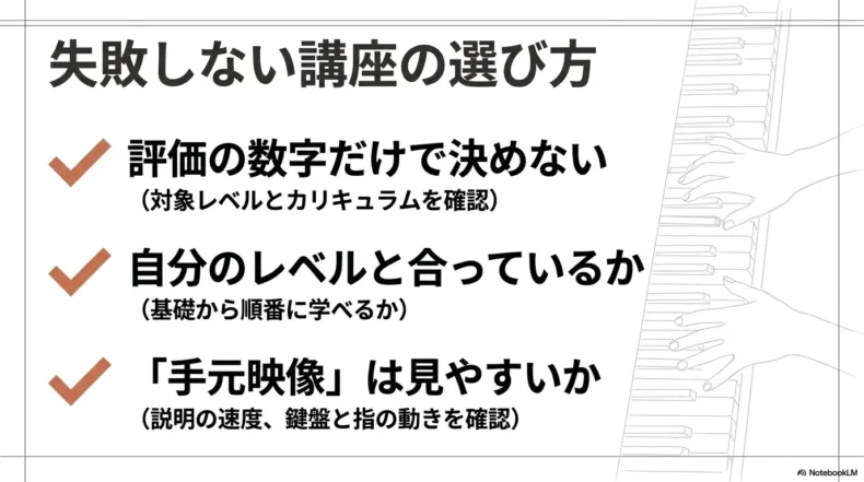 対象レベル、カリキュラム、手元映像を確認してピアノ講座を選ぶポイント