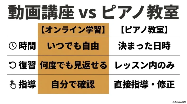学習時間、復習方法、講師からの指導について動画講座とピアノ教室を比較