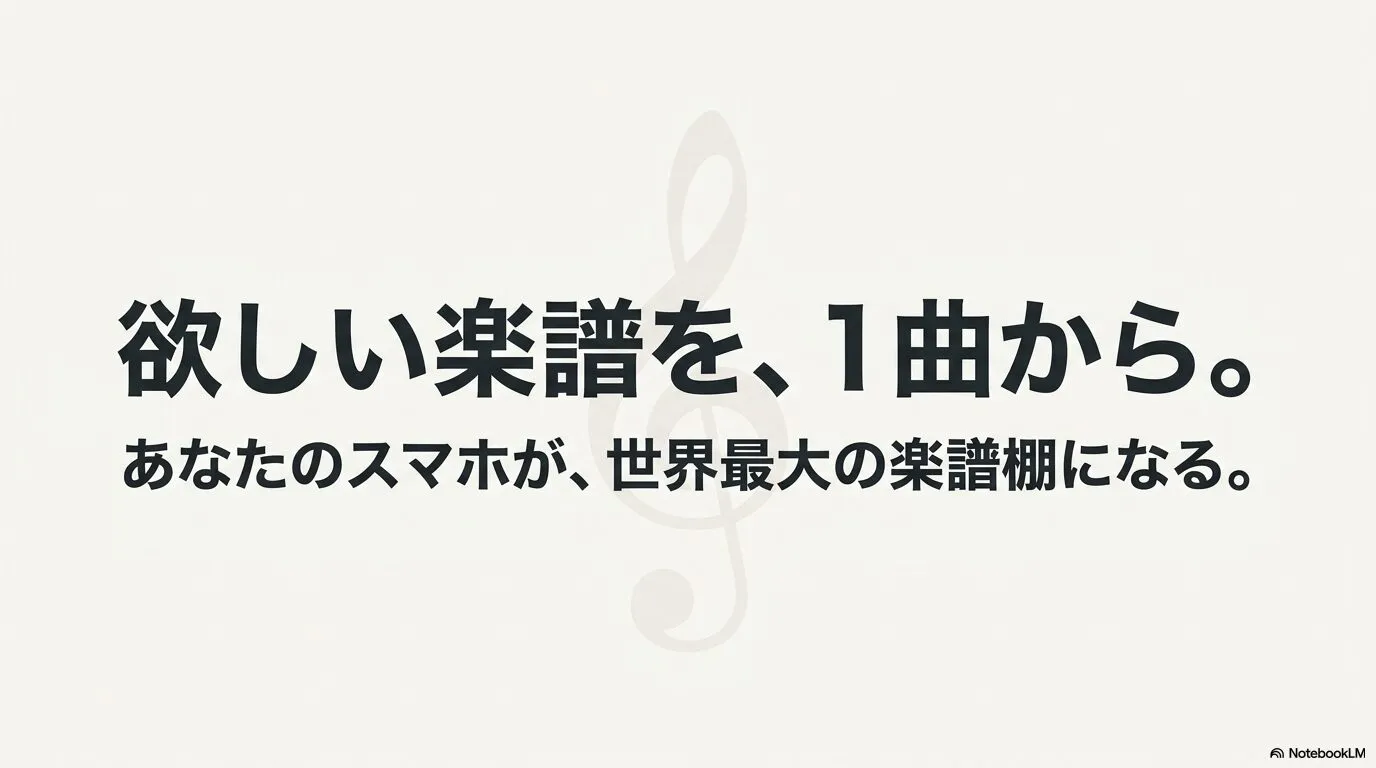 欲しい楽譜を1曲から購入でき、スマートフォンが楽譜棚になることを紹介する画像