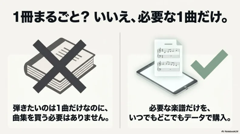 曲集を丸ごと買わず、必要な楽譜だけをデータで購入できる仕組みの比較図
